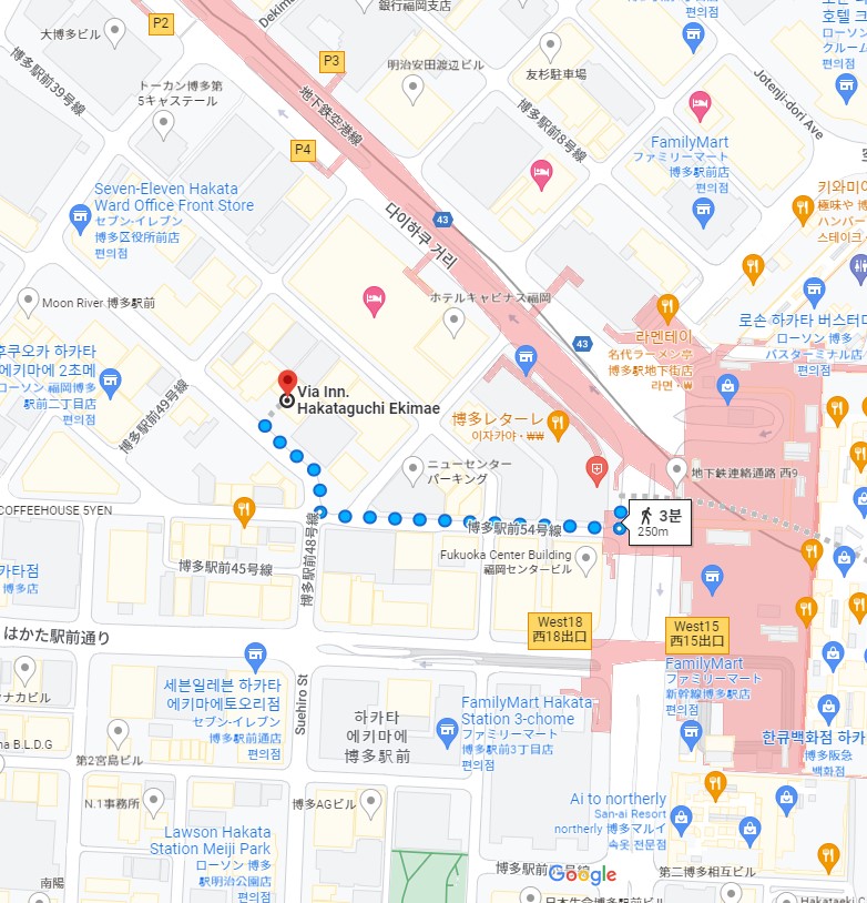  하카타역(博多駅) 하카타출구(博多口)에서 54번 도로로 직진 후, 48번 도로로 진입. 교자노오쇼 통과 후 왼쪽 26m 부근에 호텔 위치